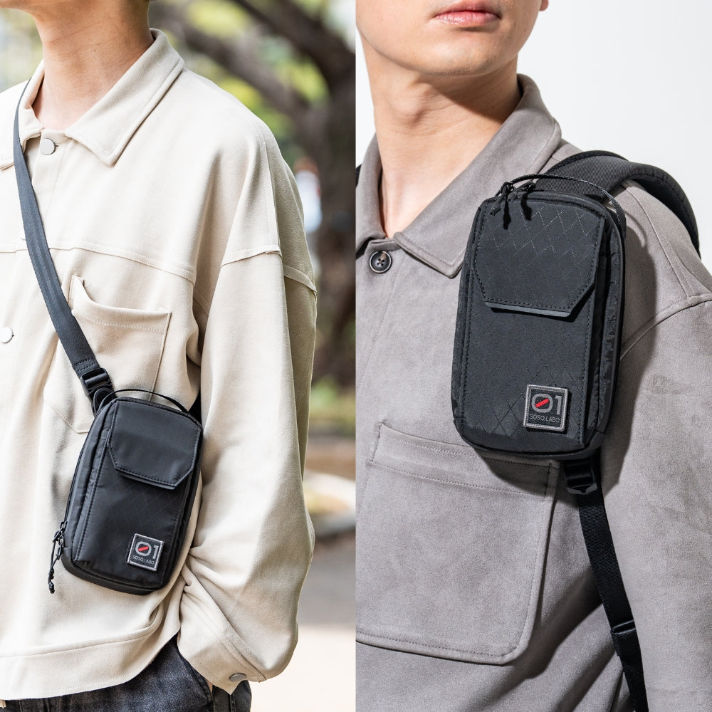 SOSO.LABO Daily Sling Compact スマホポーチ メンズ 防水 ベルトポーチ リュック付け マグネット開閉 腰 ショルダーポーチ 小物入れ カラビナ サコッシュ スマホショルダー 斜めがけ ウェスト 調整可能