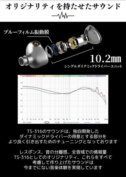 TIMSOK TS-316 業界初ブルーフィルム振動膜搭載 1DD ハイエンド インイヤーモニターイヤホン リケーブル可能 脱着式 0.78mm 2PIN